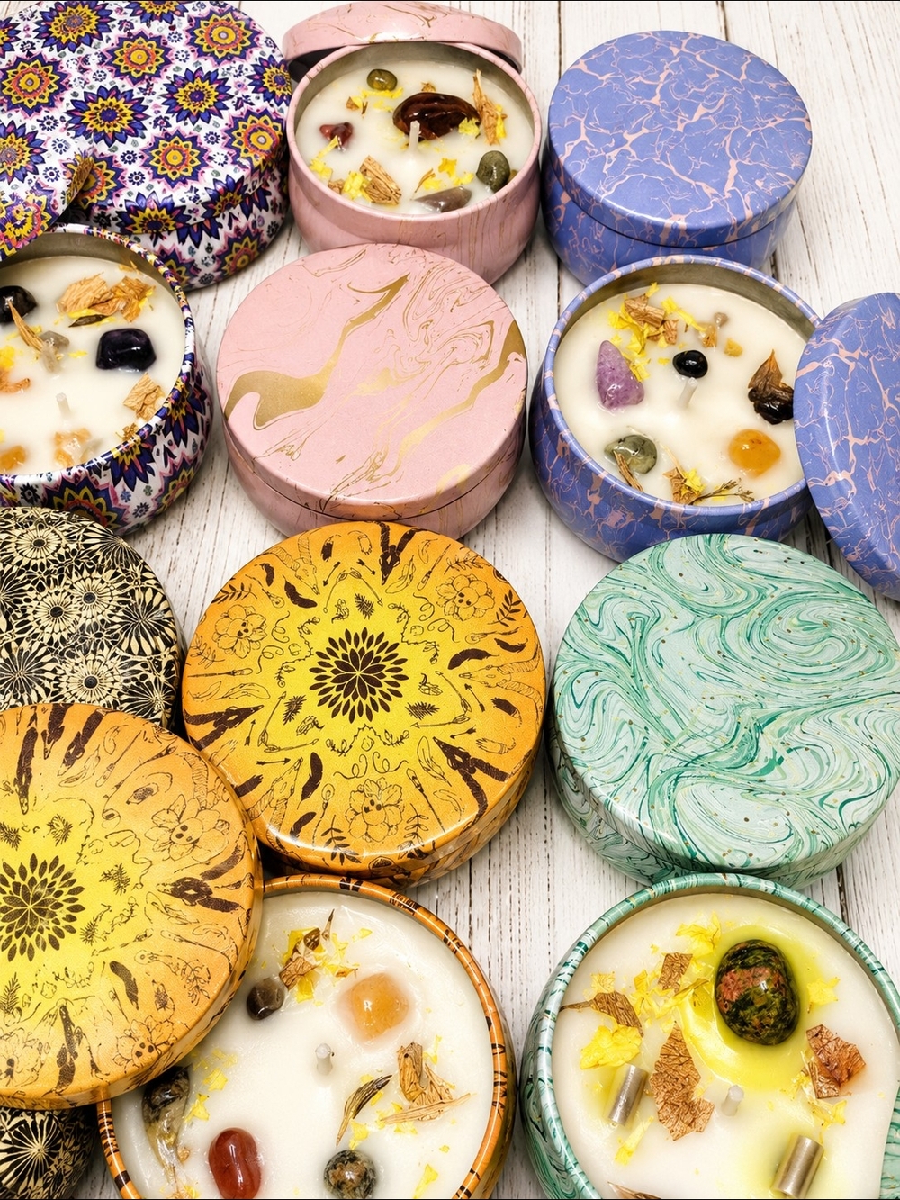 4 Soy Scented Tin Candles With Natural Stones Amethyst Quartz Tiger Eye Agates - Picture 5 of 11